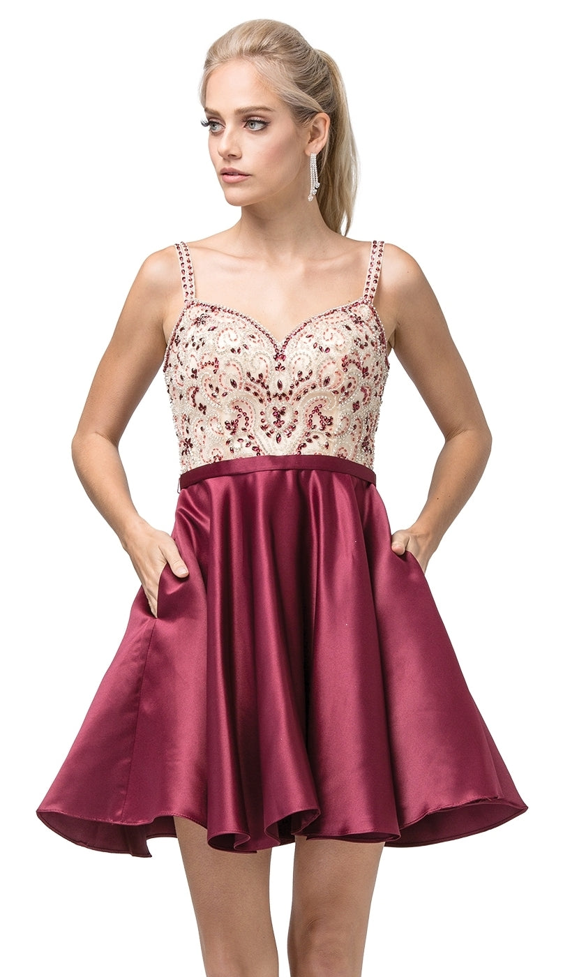 A woman models the Embellished-Bodice Short Homecoming Dress 3125, featuring a sleeveless cream bodice with embellishments, thin straps, and pockets—an elegant yet affordable option for homecoming.